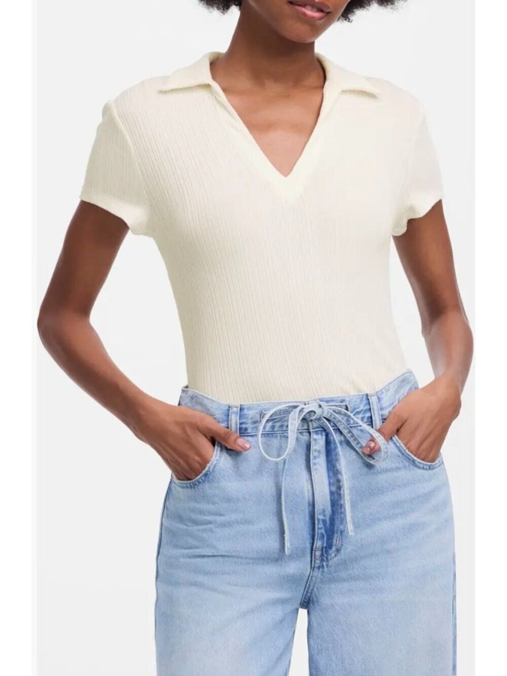 NWT Madewell Off White V-Neck Rib Polo Top - Size: Extra Small
